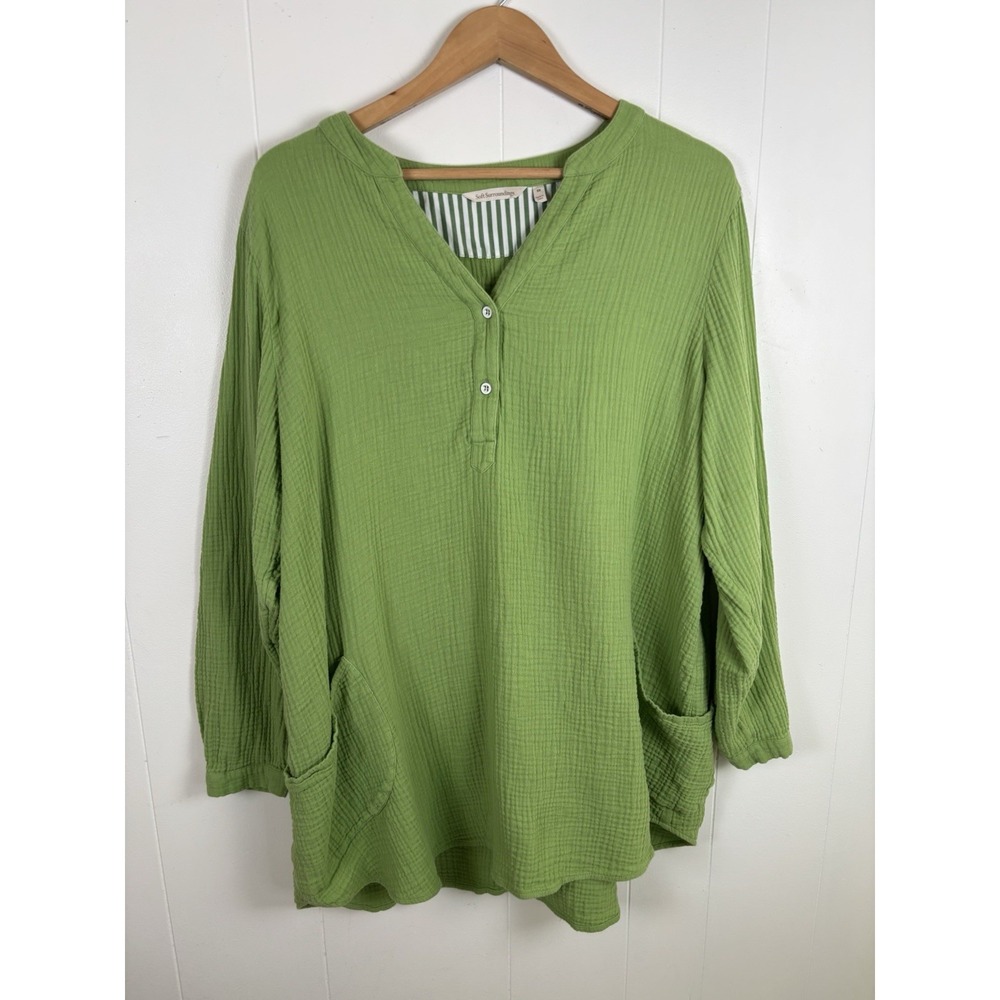 Soft Surroundings Size 2X Green 100% Cotton Popover Top Gauze Tunic with Pockets